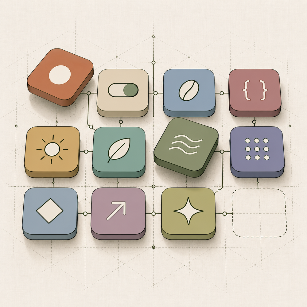 A grid of colourful app icons joined by thin circuit lines, with one empty dashed slot for the next app